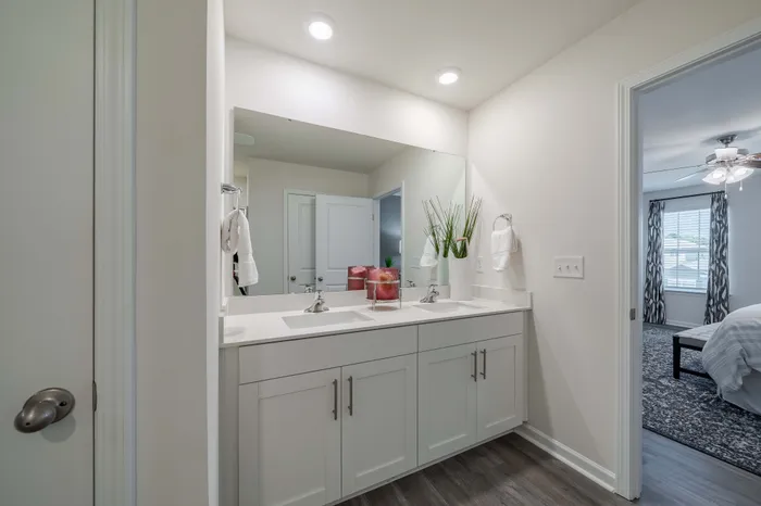 bathroom with white cabinets