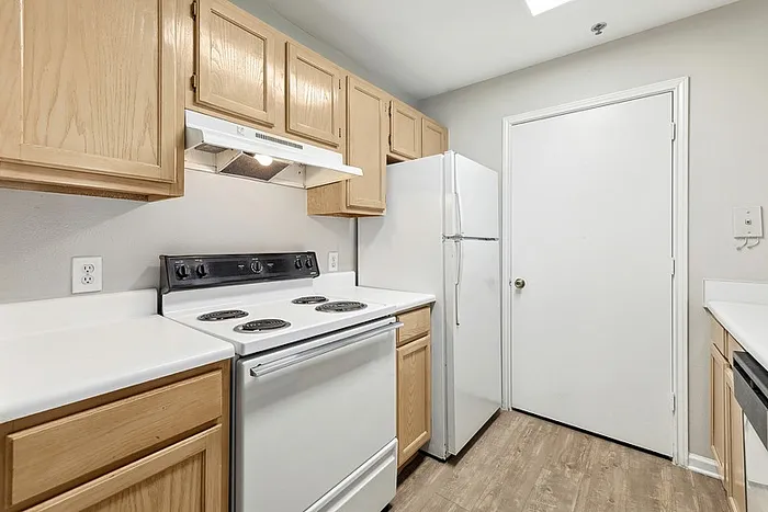 Kitchen with electric stove and pantry