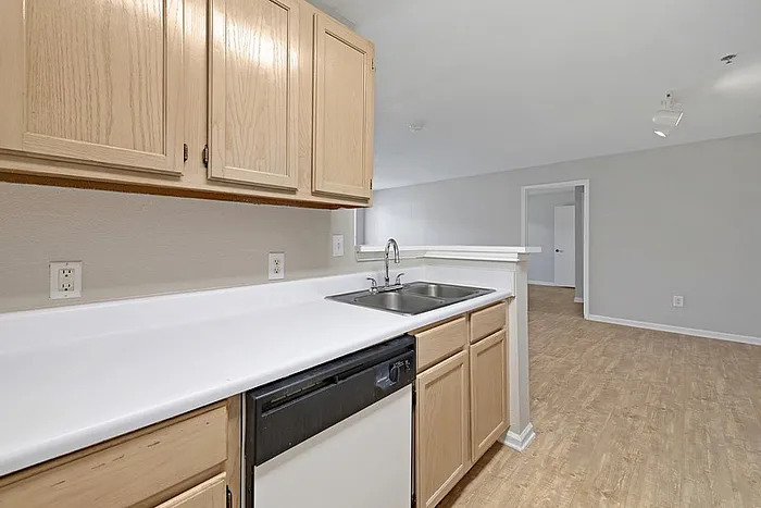 Kitchen with plenty of counter space looking into the dining area.
