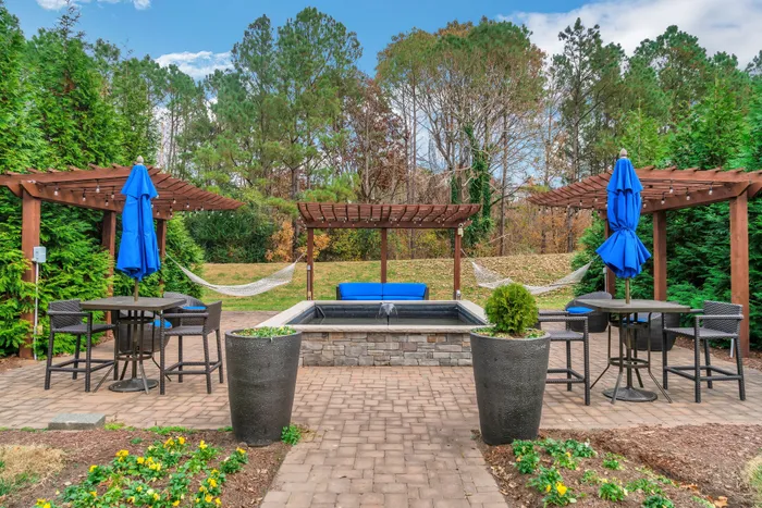 water feature with seating around