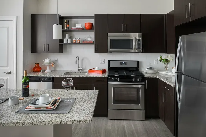looking into kitchen at stove and counters