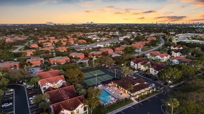 Aerial view of neighborhood at twilight
