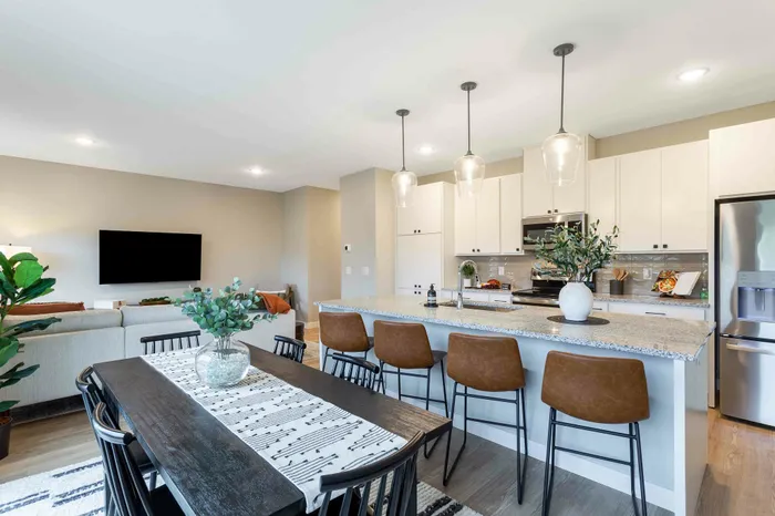 kitchen with island and white cabinets