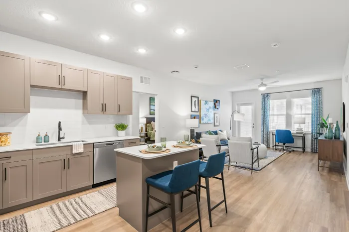 Spacious open concept apartment kitchen and living room