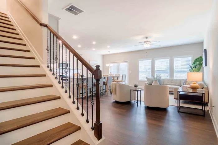 Sunset floor plan staircase and living room