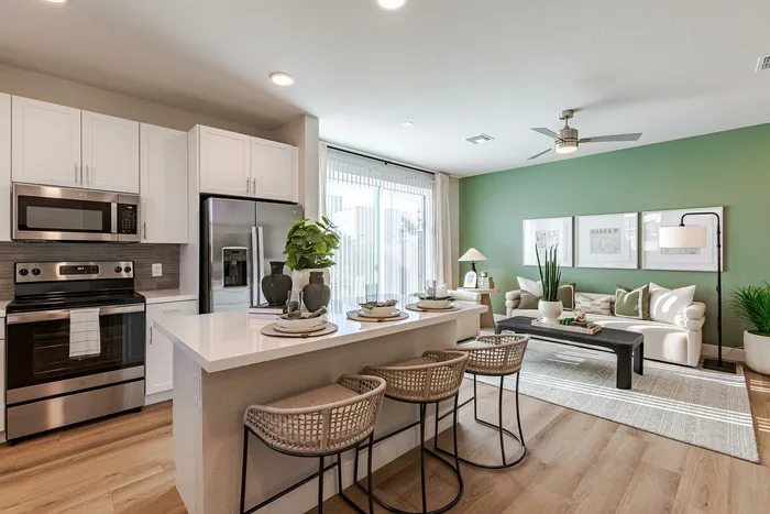 kitchen and living room with slider door