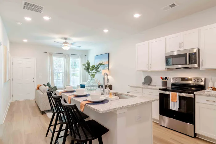kitchen island and living room