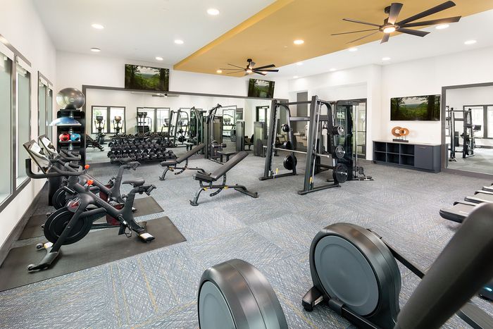 Modern apartment fitness center with cardio machines, strength training equipment, and large windows.