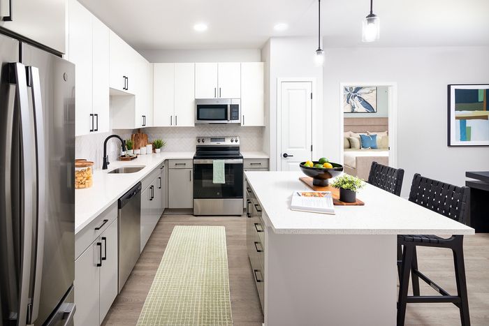 Modern apartment kitchen with spacious countertops, contemporary cabinetry, and stainless steel appliances.