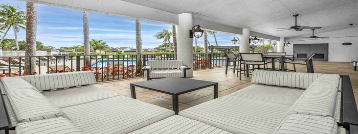 Patio with swimming pool view
