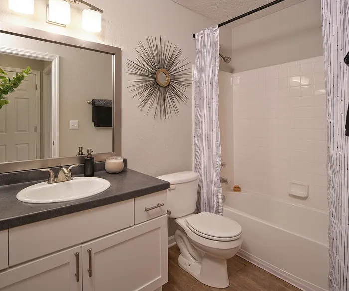 Modern bathroom with elegant fixtures, large mirror, and stylish starburst wall decor, offering a serene and inviting space.