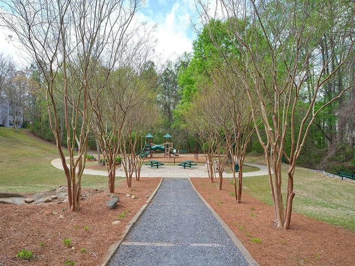 Charming park space with a pedestrian pathway, surrounded by young trees, leading to a vibrant playground and picnic area under a clear sky.