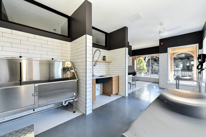 Modern utility room with sleek stainless steel fixtures, white subway tiles, and ample natural lighting from large windows.