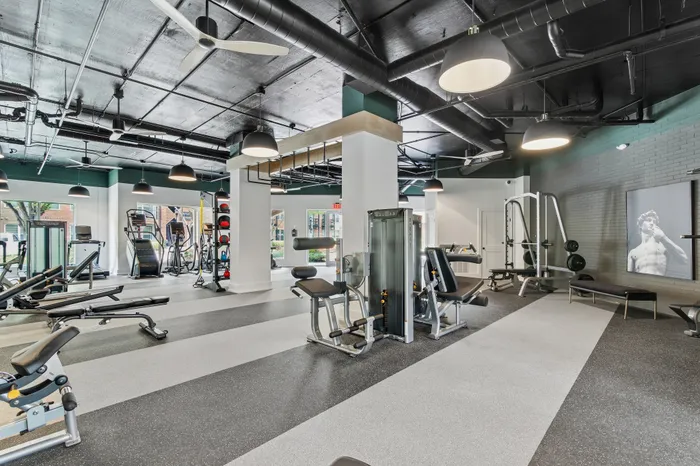Modern gym featuring state-of-the-art equipment, sleek design, and ample natural light for an energizing workout experience.