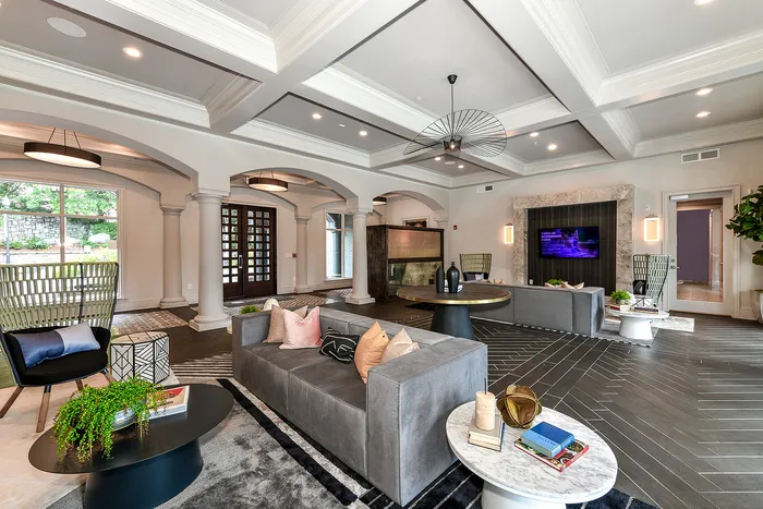 Luxurious living room with elegant coffered ceiling, plush seating, modern decor, and a stylish fireplace creating a cozy atmosphere.