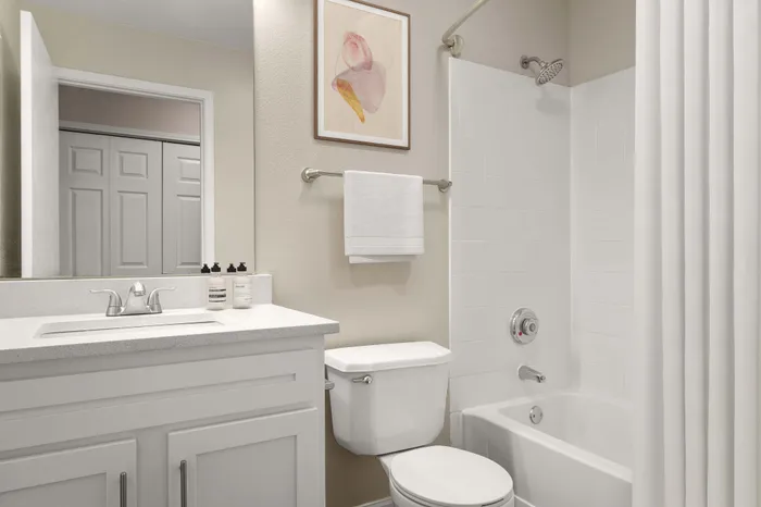 Elegant bathroom featuring modern fixtures, a sleek vanity, and tasteful artwork. Bright and inviting space designed for comfort and relaxation.