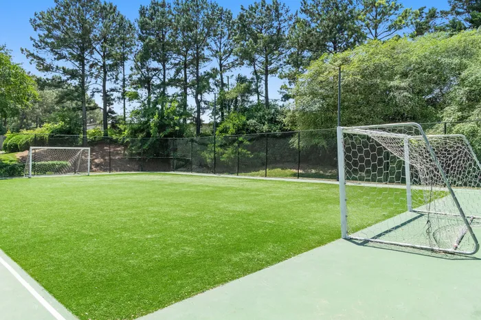 Inviting outdoor soccer field surrounded by lush greenery, perfect for recreation and relaxation.