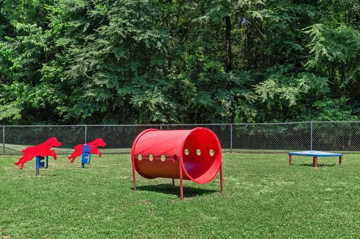 Vibrant outdoor dog park featuring playful red dog-themed agility equipment and a spacious green lawn, perfect for pets to enjoy.