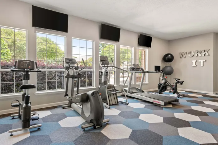 Bright and modern gym with cardio machines, vibrant flooring, and large windows offering scenic views.