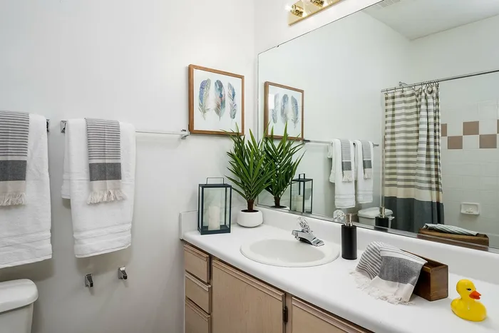 Chic bathroom with modern decor featuring striped towels, a lush green plant, and a playful yellow rubber duck, creating a refreshing and inviting atmosphere.