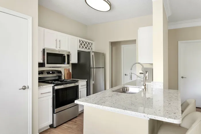 Contemporary kitchen with sleek granite countertops, stainless steel appliances, and modern fixtures creating a welcoming space.