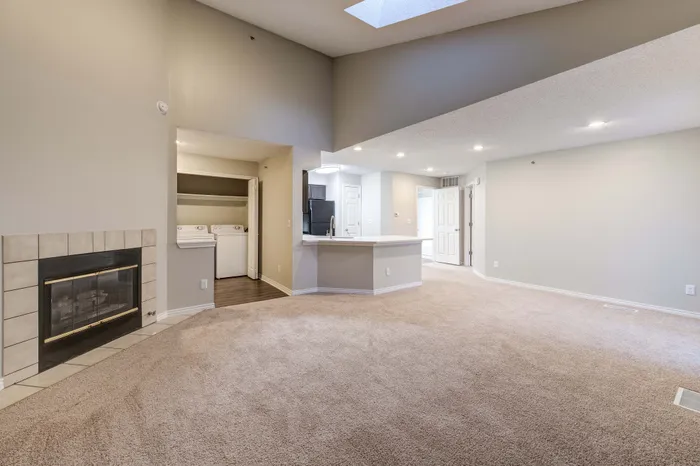 Bright open-plan living area with plush carpet, cozy fireplace, modern kitchen, and in-unit laundry alcove.