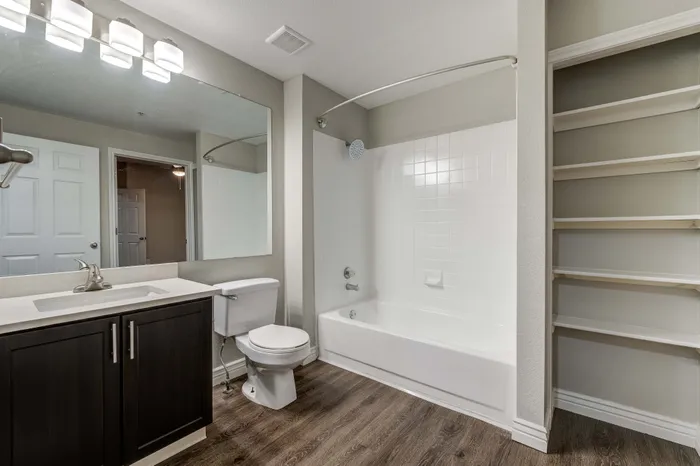 Modern bathroom with sleek vanity, elegant lighting, spacious bathtub, and built-in shelving.
