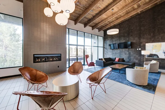 Inviting modern living room with cozy seating, a stylish fireplace, and large windows providing abundant natural light.