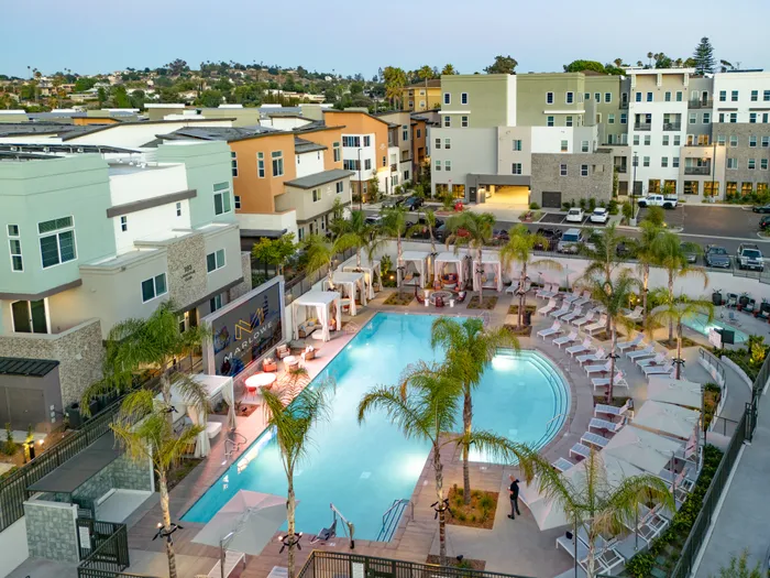 aerial view of the pool with ample seating