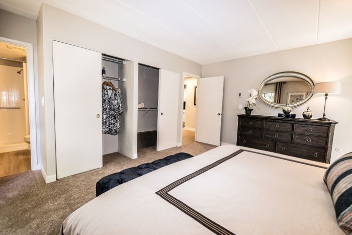 Bright, inviting bedroom with an elegant dresser, spacious closet, and stylish decor.