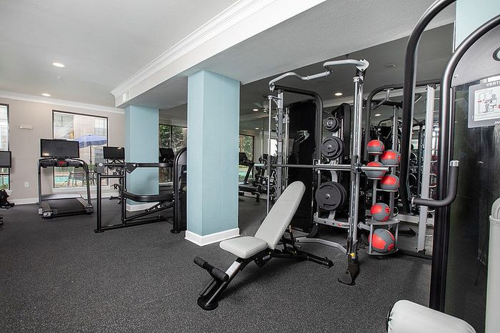 Modern and spacious gym with state-of-the-art equipment, featuring cardio machines, weight training area, and vibrant natural light.