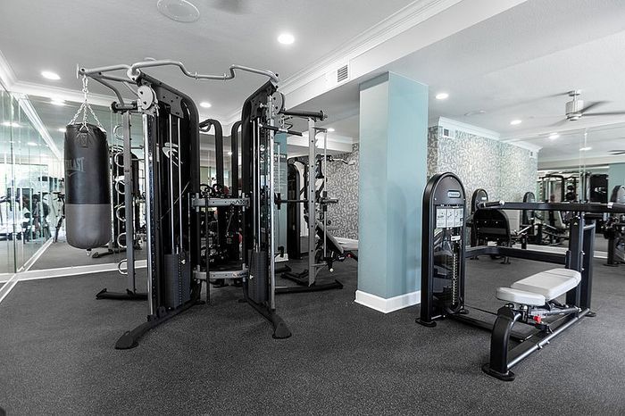 State-of-the-art fitness center featuring modern gym equipment and a sleek, mirrored design.