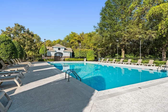 Inviting outdoor pool area surrounded by lush greenery and sun loungers, perfect for relaxation and leisure.
