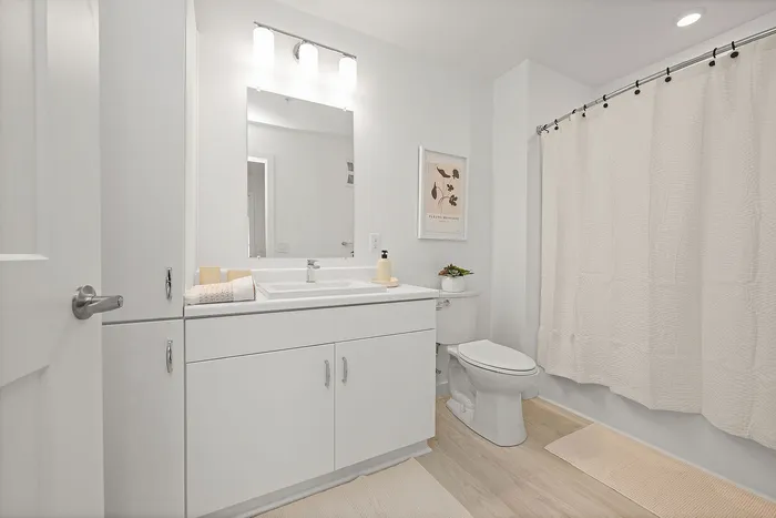 Modern and bright bathroom with sleek white cabinetry, elegant sink area, and soft lighting creating a serene ambiance.