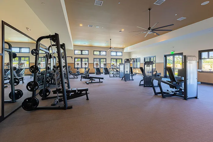 Spacious, sunlit fitness center with modern exercise equipment, featuring large mirrors and ample workout space.