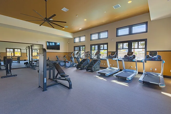 Modern fitness center with state-of-the-art equipment, ample natural light, and sleek design.