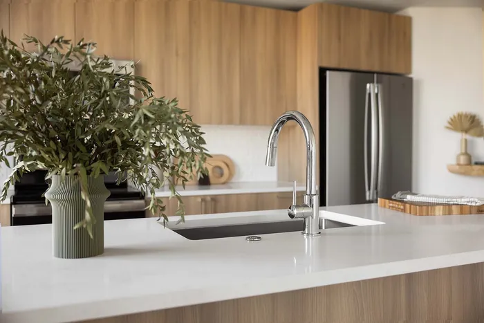 Modern kitchen with sleek chrome faucet, elegant vase with green foliage, and warm wood cabinetry.