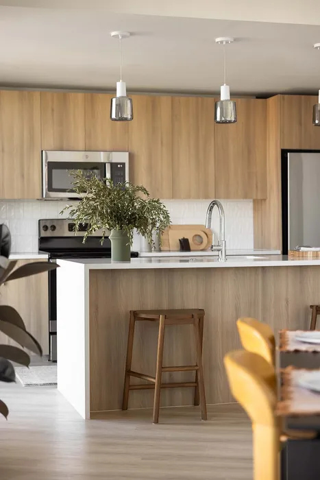 Chic modern kitchen with wood cabinetry, sleek appliances, and elegant pendant lighting, complemented by a contemporary island bar with seating.