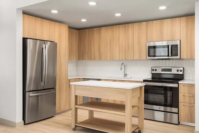 Modern kitchen with sleek stainless steel appliances, chic wooden cabinets, and a stylish island perfect for culinary creativity.