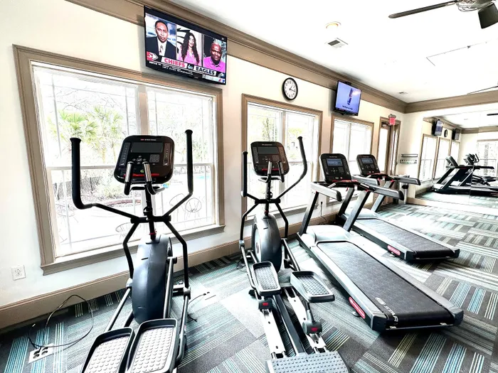 Bright, state-of-the-art fitness center featuring modern treadmills and elliptical machines with scenic window views.