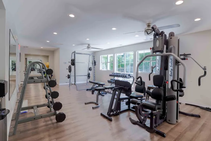 Bright and modern fitness room featuring state-of-the-art gym equipment and large windows for natural light.