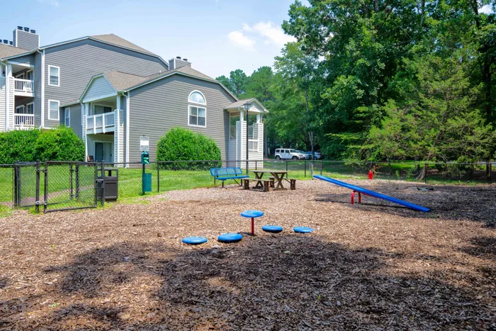 Dog park at our Inviting apartment complex with a sunny playground featuring a seesaw and picnic table, surrounded by lush greenery.