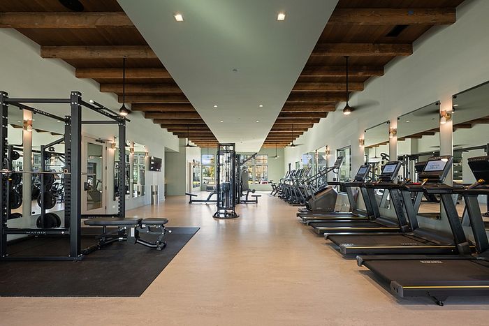 Modern fitness center with state-of-the-art gym equipment, featuring treadmills, exercise machines, and a spacious layout with beautiful wooden ceiling accents.