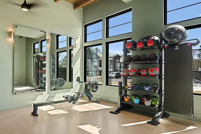 Bright and modern fitness room featuring state-of-the-art exercise equipment, large windows, and stylish decor.