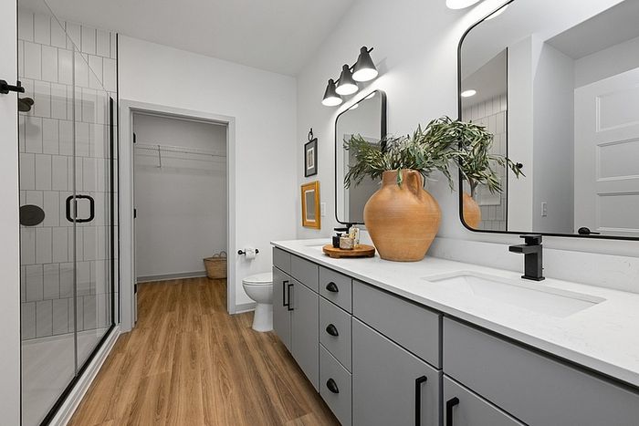 Elegant bathroom with sleek gray cabinetry, dual sinks, and modern black fixtures. Features a spacious glass shower, warm wood flooring, and a decorative vase with greenery.