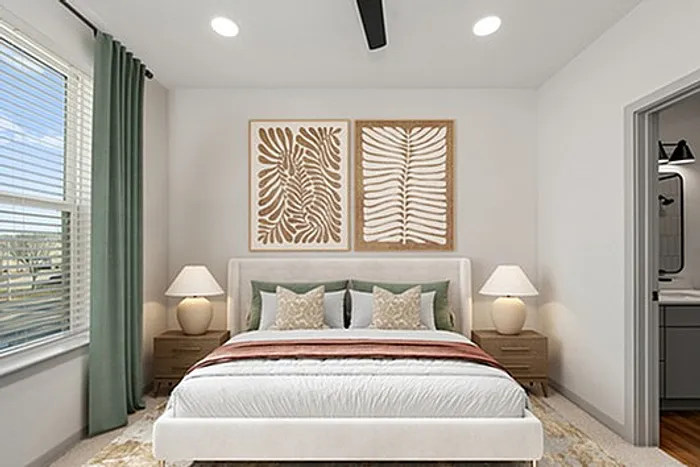 Bright and modern bedroom with elegant decor, featuring large windows, stylish artwork, and a plush bed for cozy living.
