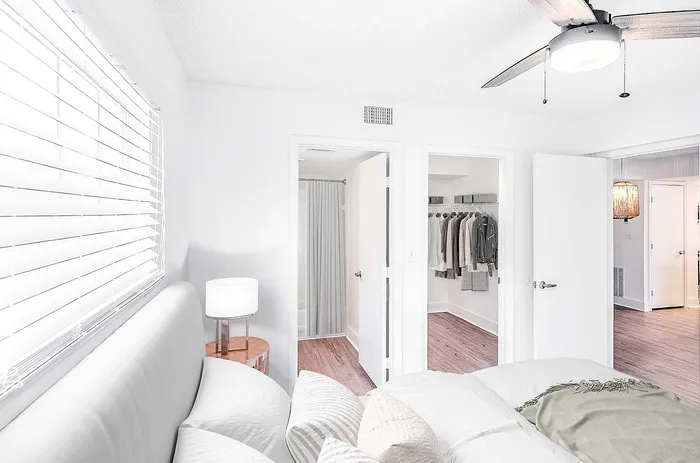 Bright and airy bedroom featuring a ceiling fan, cozy bed with plush pillows, and spacious walk-in closet offering ample storage.