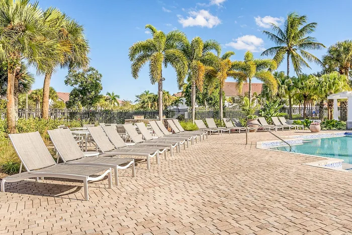 Tropical oasis with palm trees and inviting lounge chairs surrounding a pristine swimming pool on a sunny day.