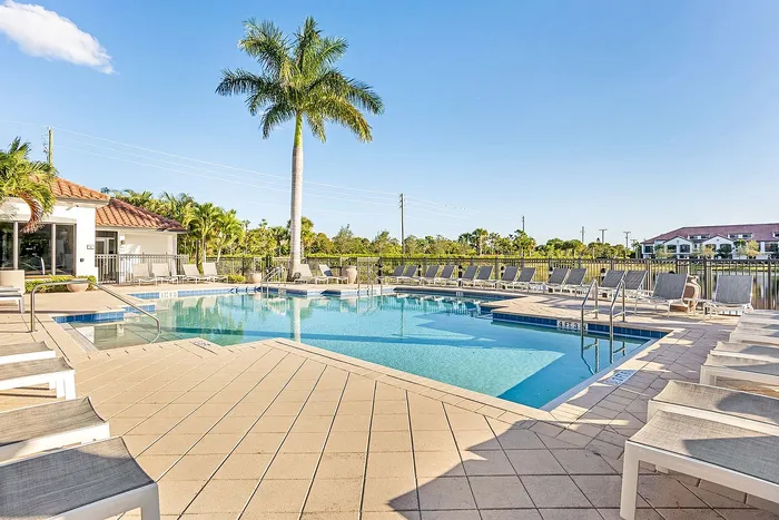 Luxurious outdoor pool area with sun loungers and lush palms, perfect for relaxation and leisure.