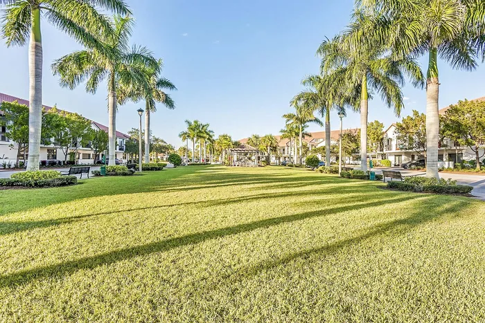 Lush green lawn flanked by elegant palm trees in a tranquil residential neighborhood, offering a serene and inviting atmosphere.